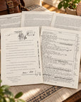 A styled flat-lay of vintage documents and papers on a rustic wooden desk, surrounded by a leather briefcase, compass, magnifying glass, and notebook.