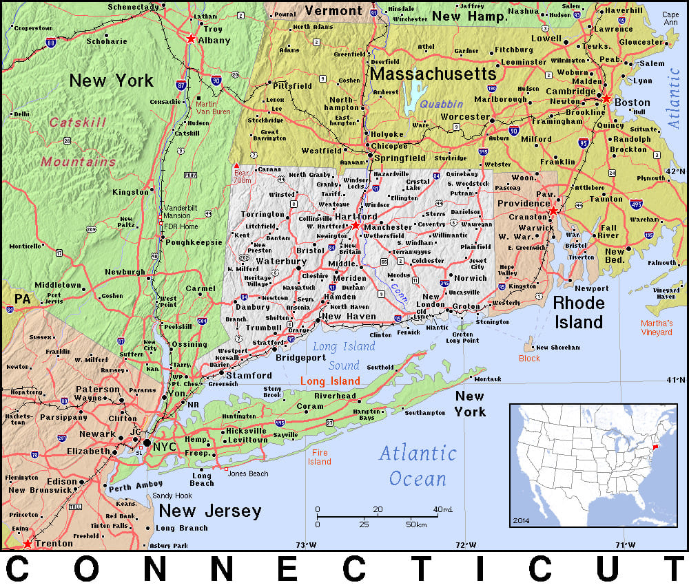 Comprehensive map of Connecticut highlighting cities, roads, and geographical features. - History By Mail