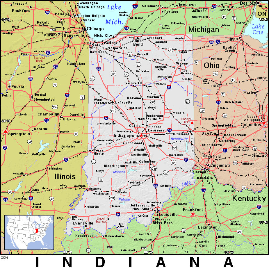 Comprehensive map of Indiana highlighting cities, roads, and geographical features. - History By Mail