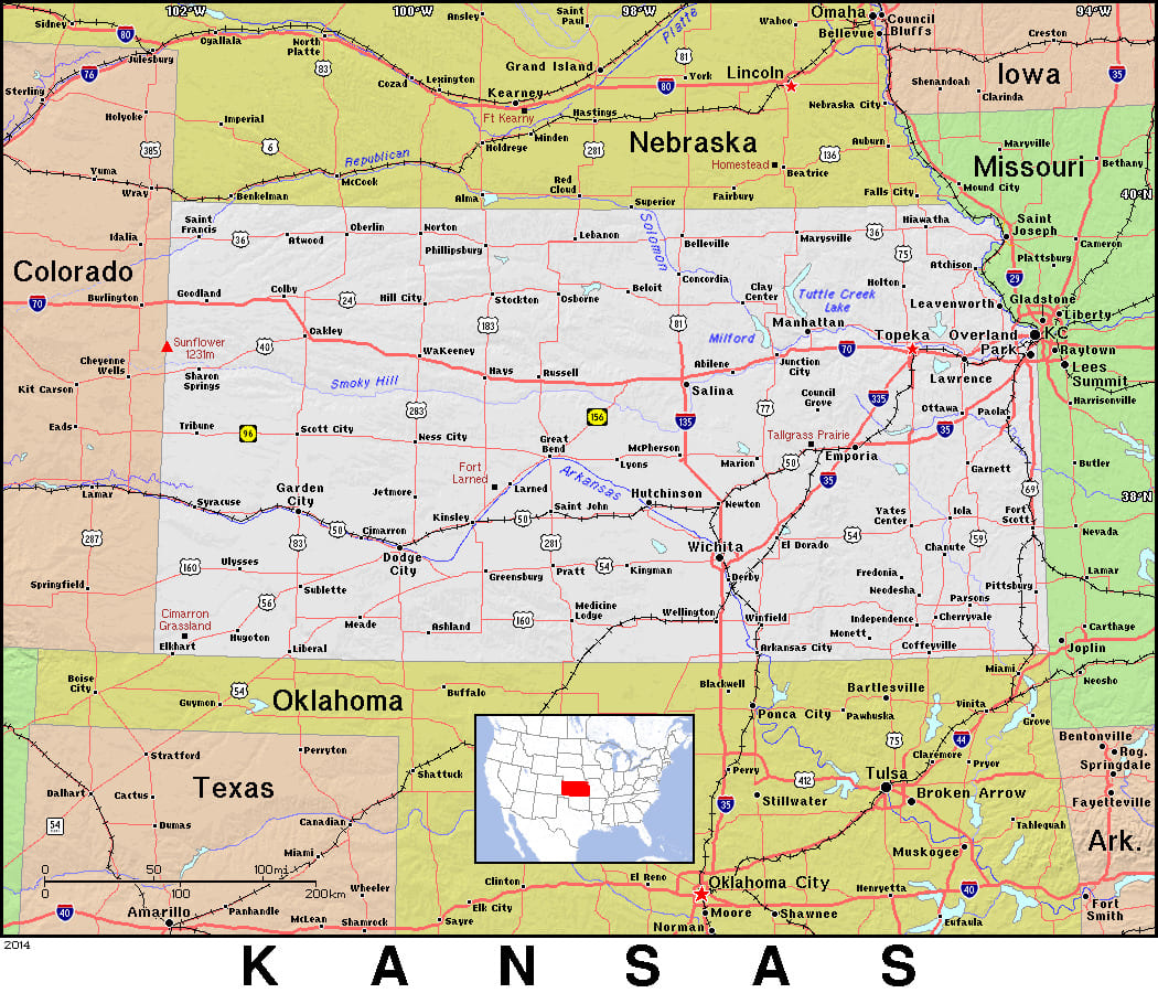 Comprehensive map of Kansas highlighting cities, roads, and geographical features. - History By Mail
