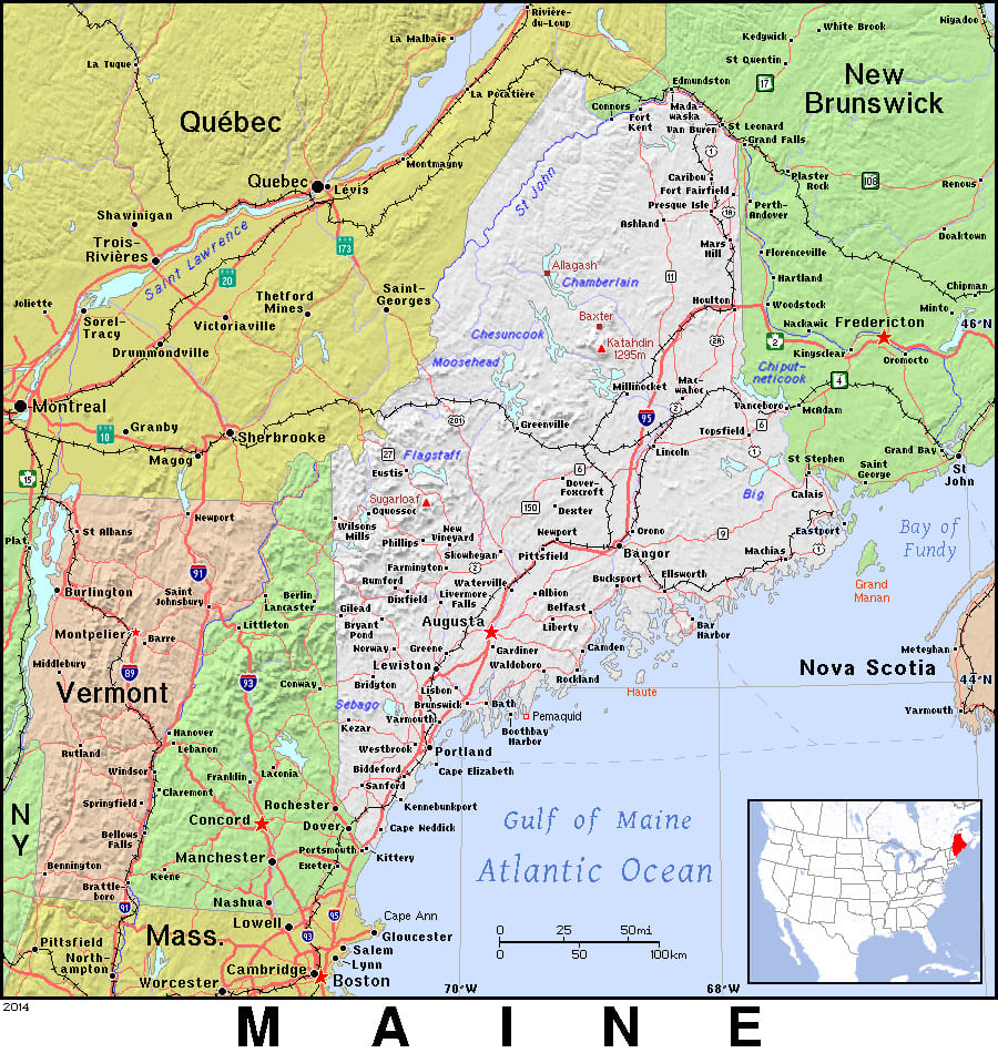 Comprehensive map of Maine highlighting cities, roads, and geographical features. - History By Mail