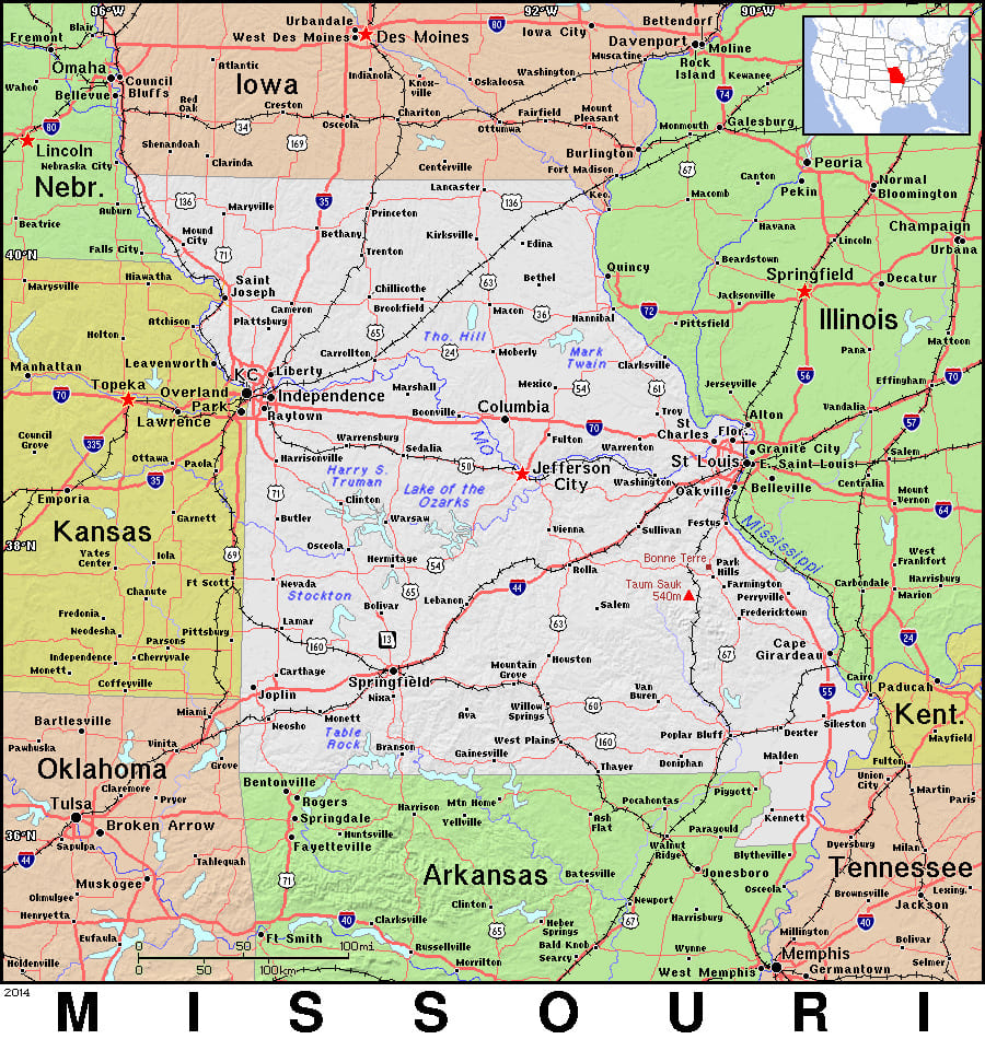 Comprehensive map of Missouri highlighting cities, roads, and geographical features. - History By Mail