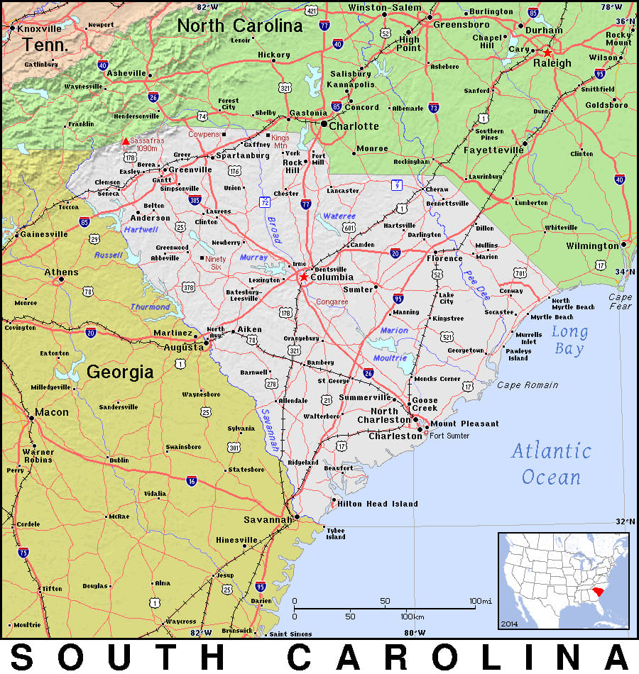 Comprehensive map of South Carolina highlighting cities, roads, and geographical features. - History By Mail