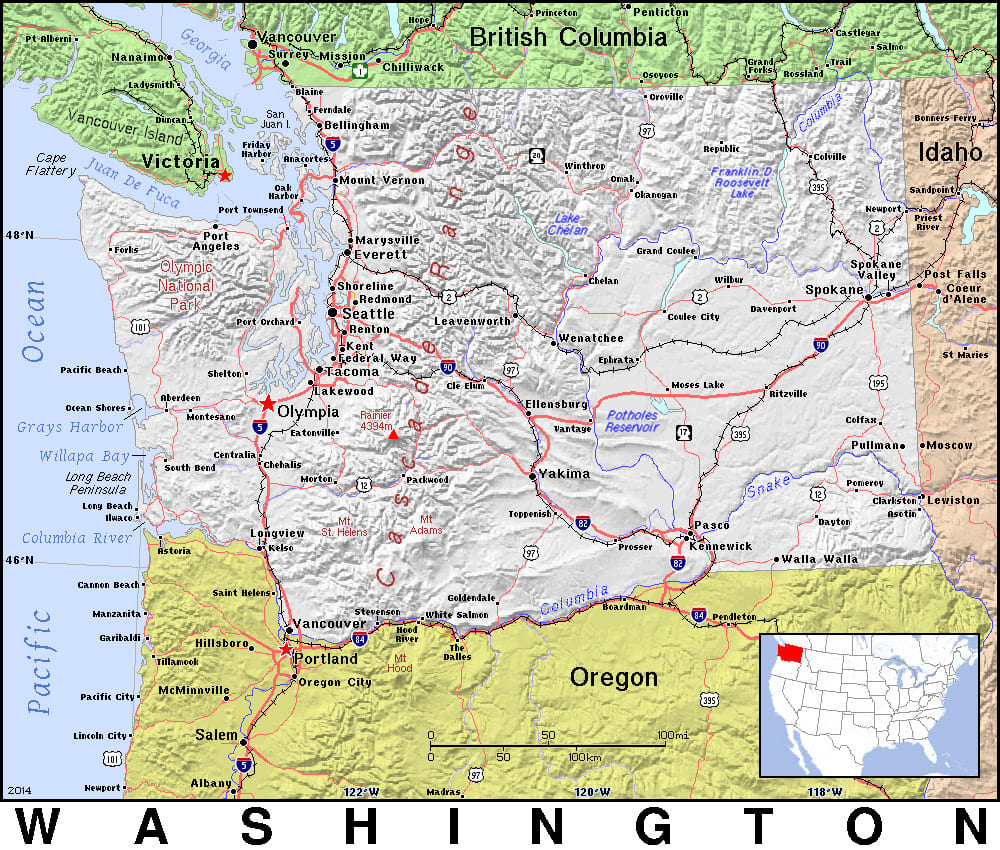Comprehensive map of Washington highlighting cities, roads, and geographical features. - History By Mail