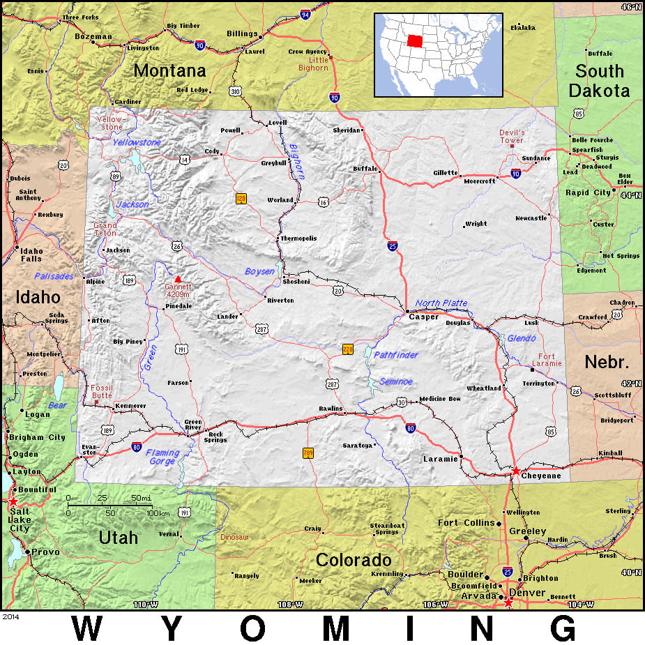 Comprehensive map of Wyoming highlighting cities, roads, and geographical features. - History By Mail