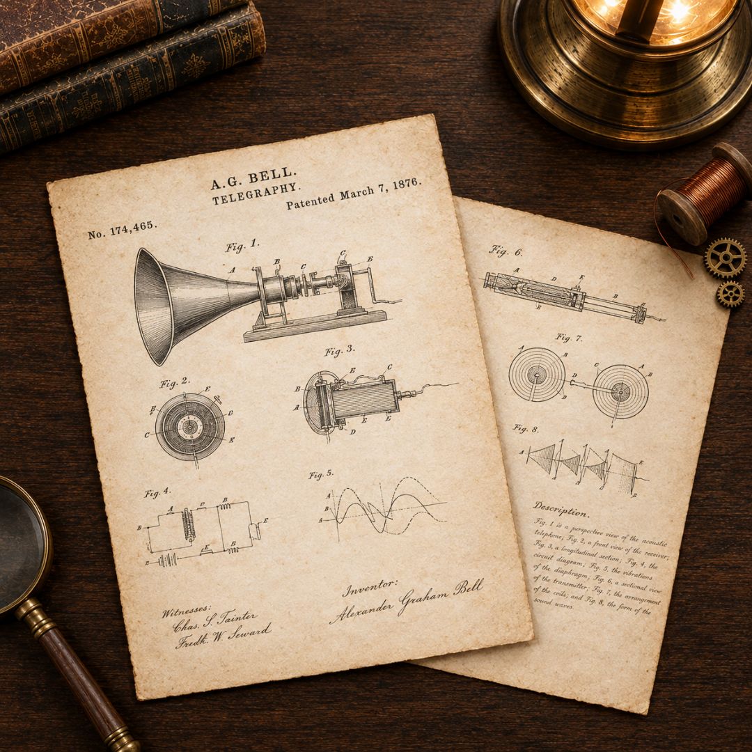 Reproductions of Alexander Graham Bell's 1876 telephone patent drawings, showing early telegraphy components and diagrams.