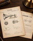 Reproductions of Alexander Graham Bell's 1876 telephone patent drawings, showing early telegraphy components and diagrams.