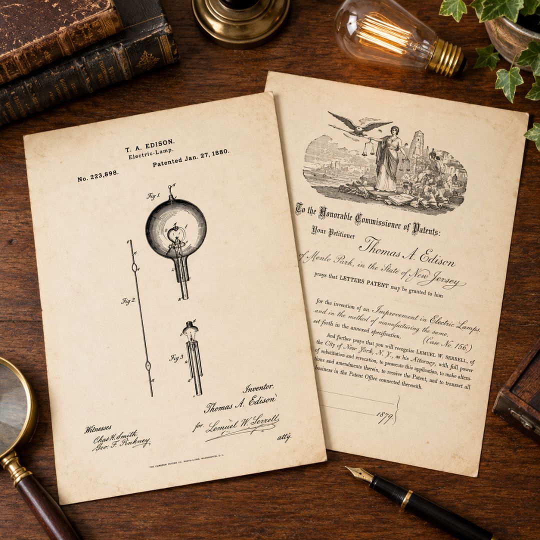 Two vintage patent-style paper documents are arranged on a wooden tabletop with books, a magnifying glass, a pen, and a lit bulb nearby. The left sheet shows a 1890 Edison patent drawing for a light bulb, and the right sheet shows a formal declaration or will with an illustration.