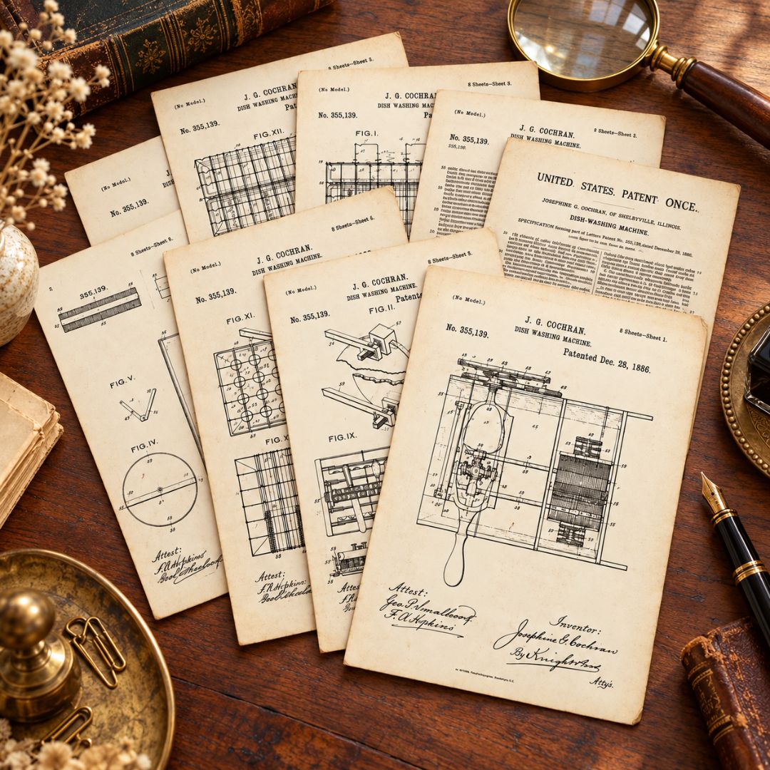A styled flat-lay of vintage patent printouts fanned out on a wooden desk, surrounded by antique props including a magnifying glass, brass letter opener, fountain pen, old book, and dried flowers.