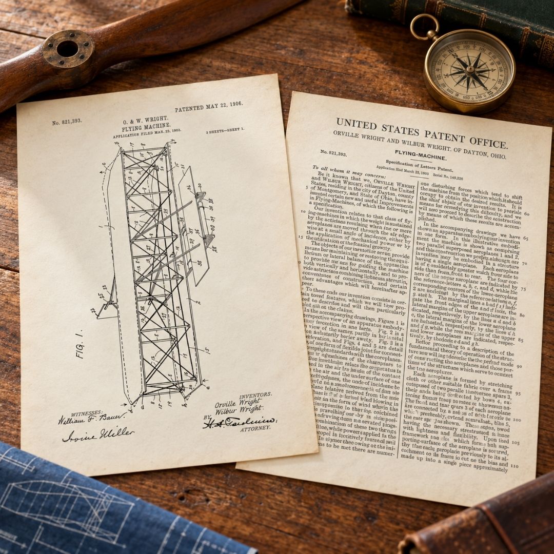 Reproductions of the Wright brothers' 1906 flying machine patent, featuring technical aircraft drawings and patent text.