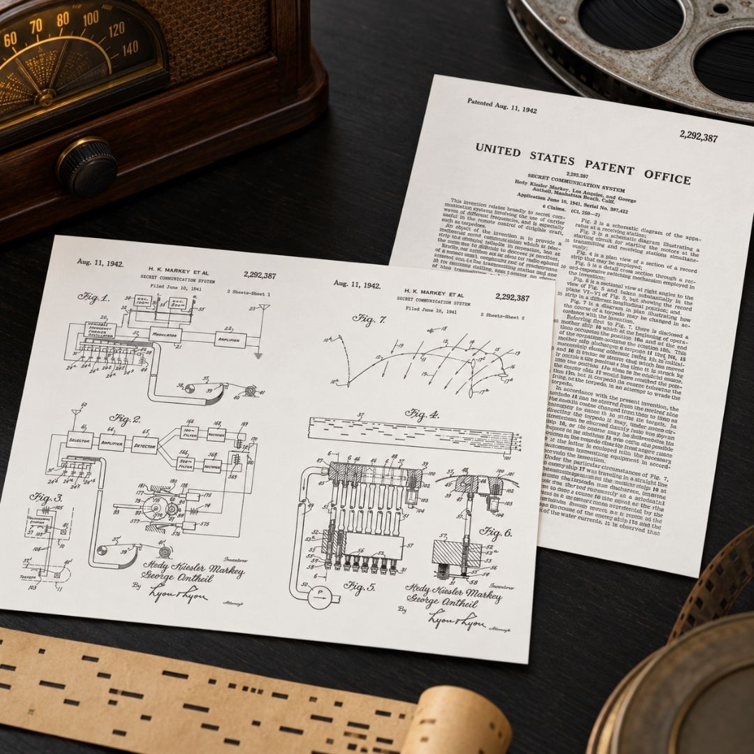 Two vintage patent document pages from the United States Patent Office are displayed on a dark wooden surface, surrounded by retro props including a radio, reel, and wooden objects.