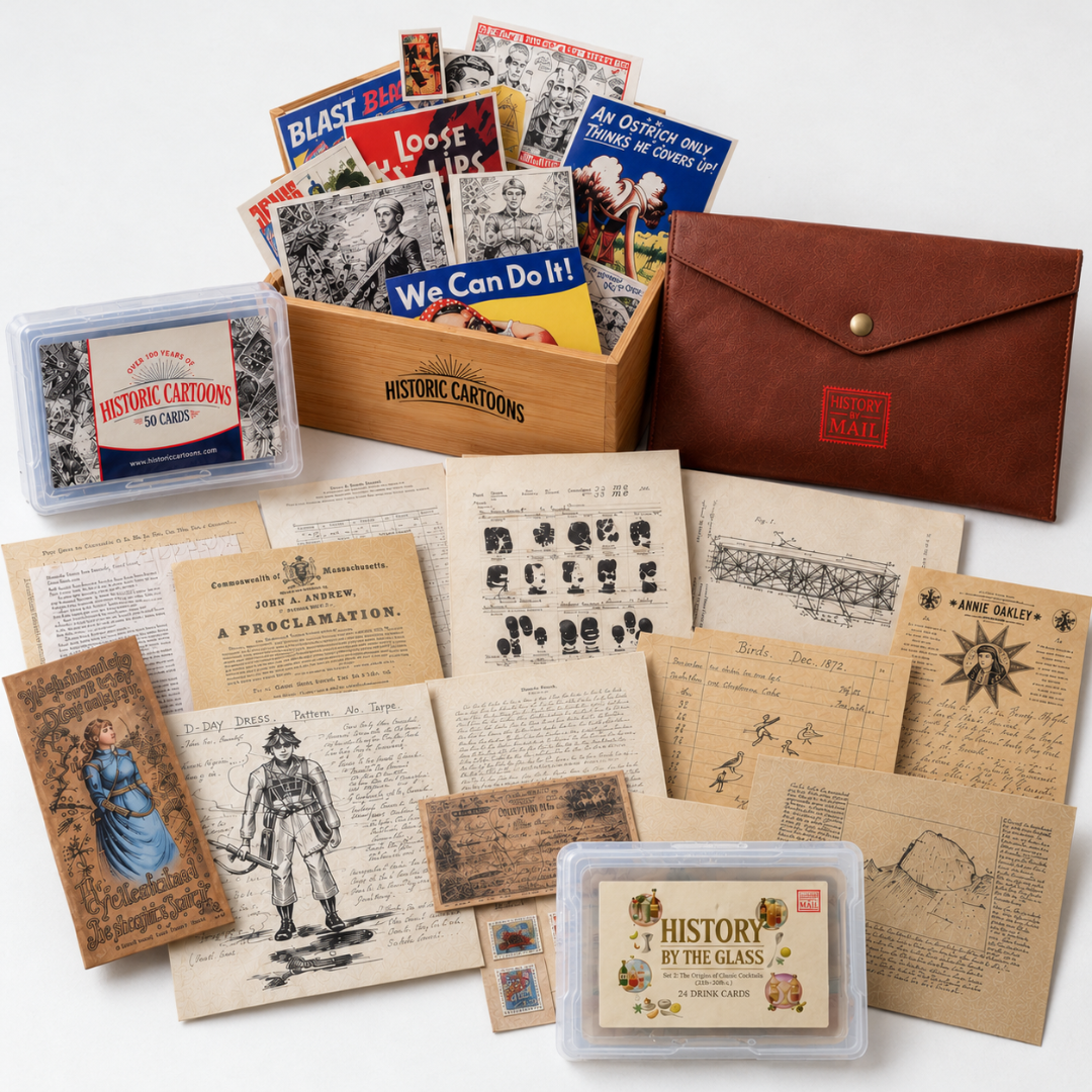History By Mail Deluxe History Bundle featuring replica historical letters and documents, historic cartoon cards, History By The Glass, wooden display box, and keepsake folio.