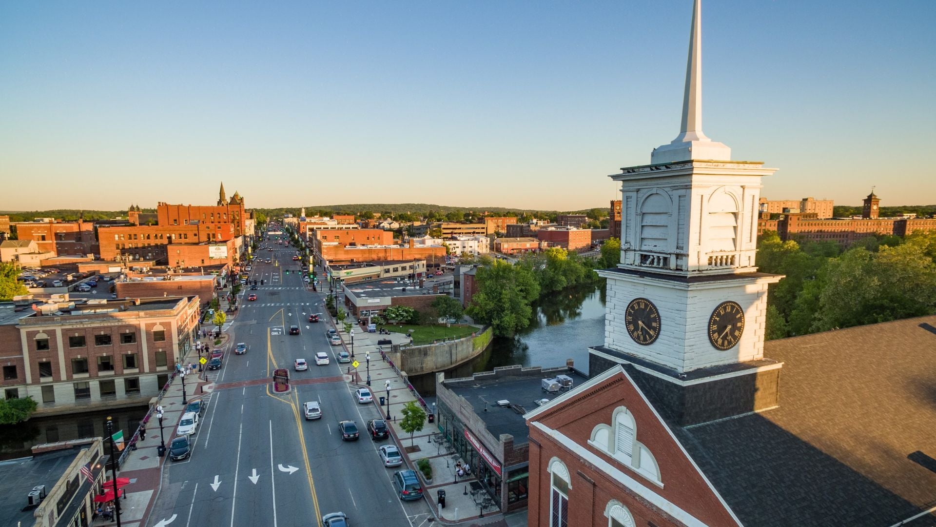 Drone view of the town of Nashua, New Hampshire. - History By Mail