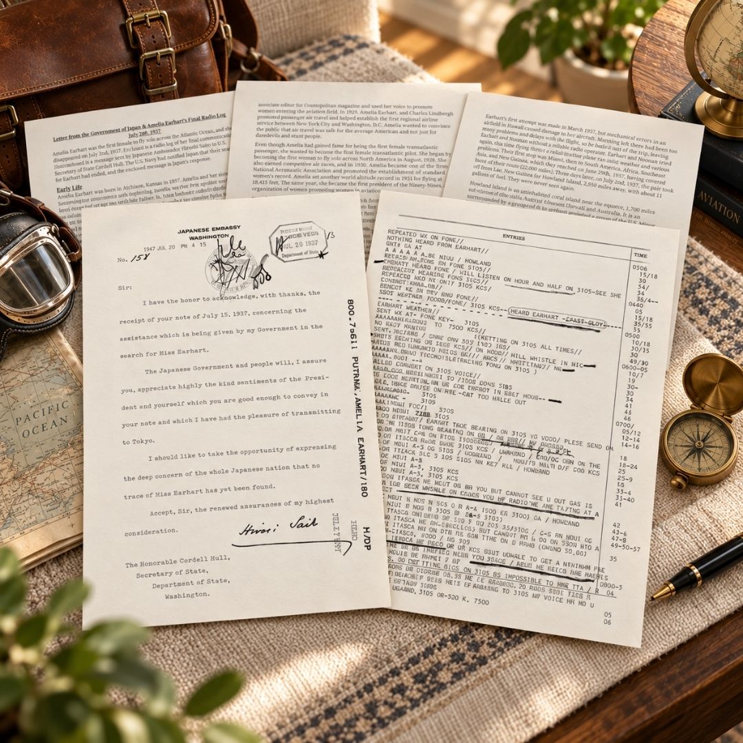 A styled flat-lay of vintage documents and papers on a rustic wooden desk, surrounded by a leather briefcase, compass, magnifying glass, and notebook.