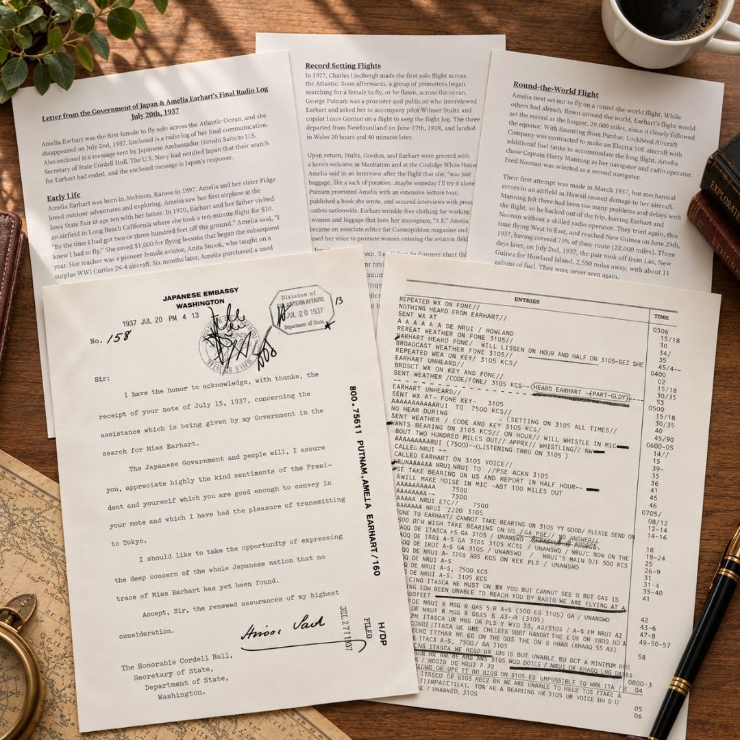 A styled flat-lay of vintage printed documents and letters on aged paper, arranged on a wooden surface with a gold pocket watch, a pen, a book, and a small plant visible around them.