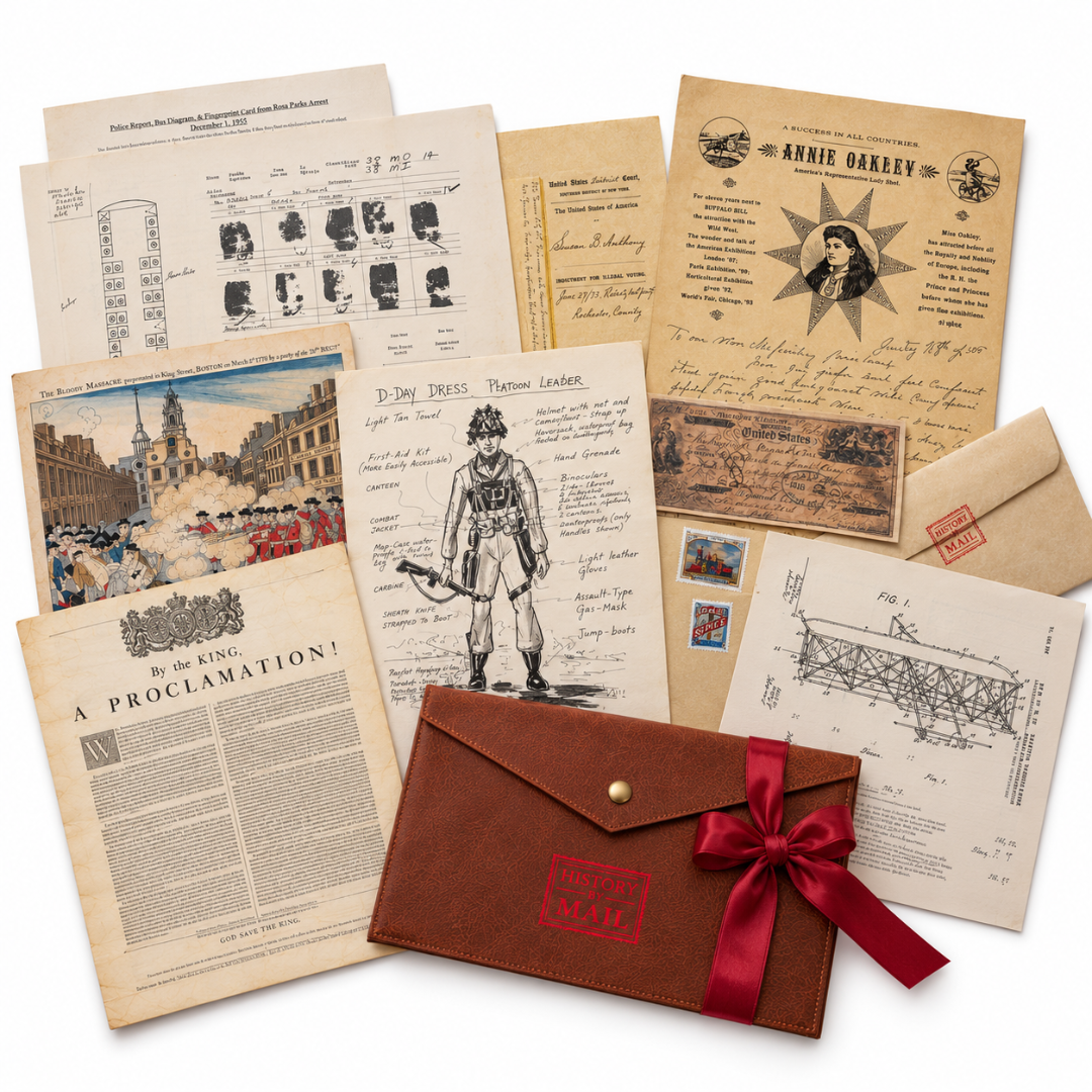 History By Mail Holiday Bundle featuring replica historical letters and documents, Annie Oakley memorabilia, vintage illustrations, and a brown keepsake folio wrapped with a red ribbon.