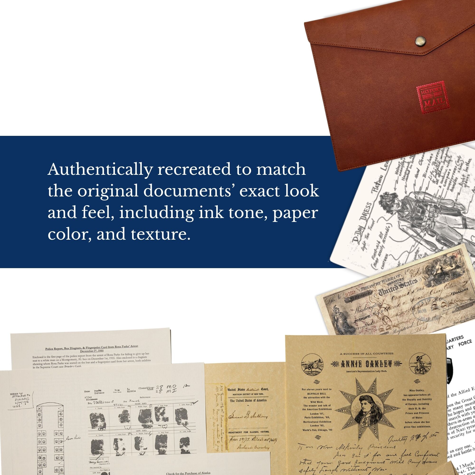 Authentically recreated to match the original documents&#39; exact look and feel, including ink tone, paper color, and texture.