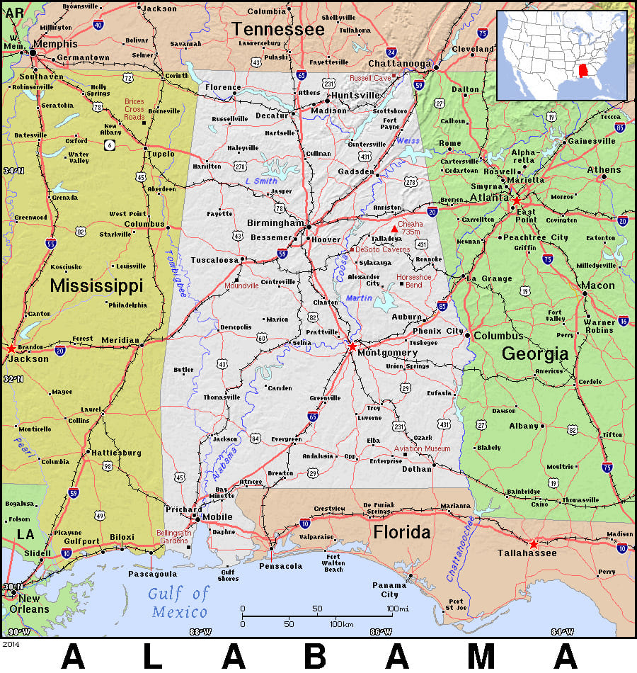 Comprehensive map of Alabama highlighting cities, roads, and geographical features. - History By Mail