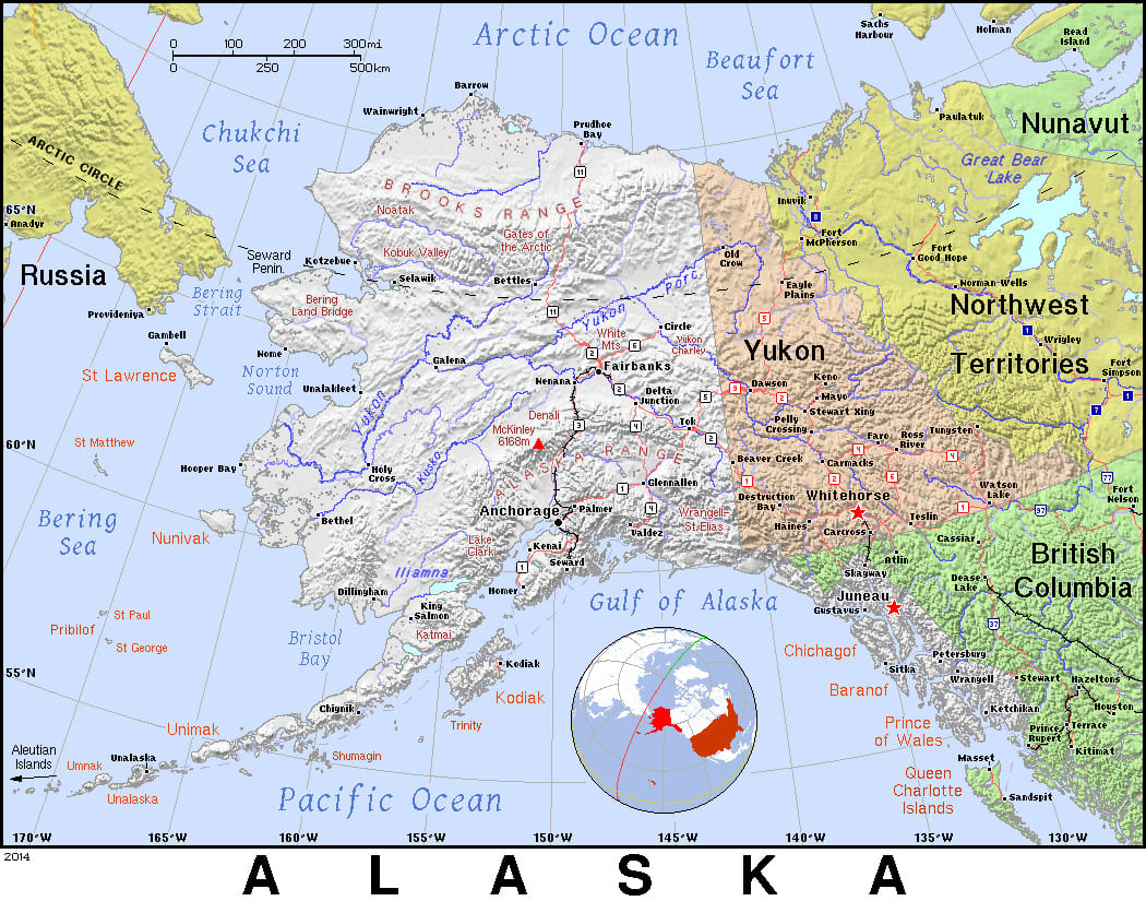 Comprehensive map of Alaska highlighting cities, roads, and geographical features. - History By Mail