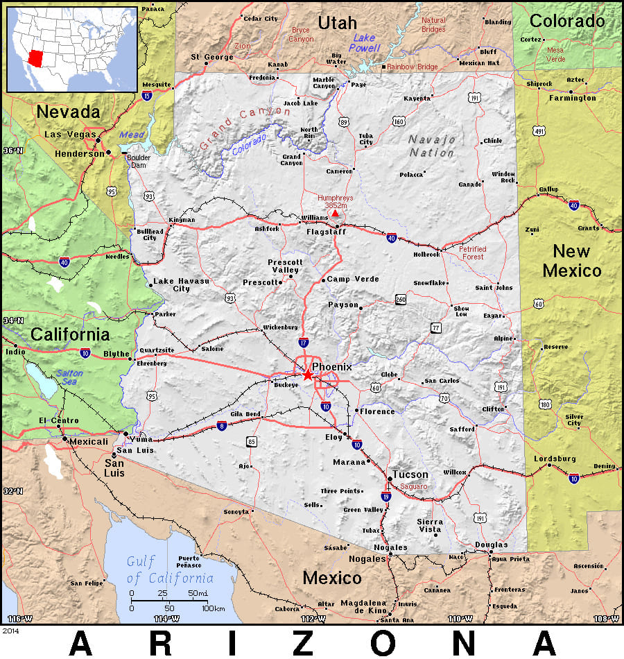Comprehensive map of Arizona highlighting cities, roads, and geographical features. - History By Mail