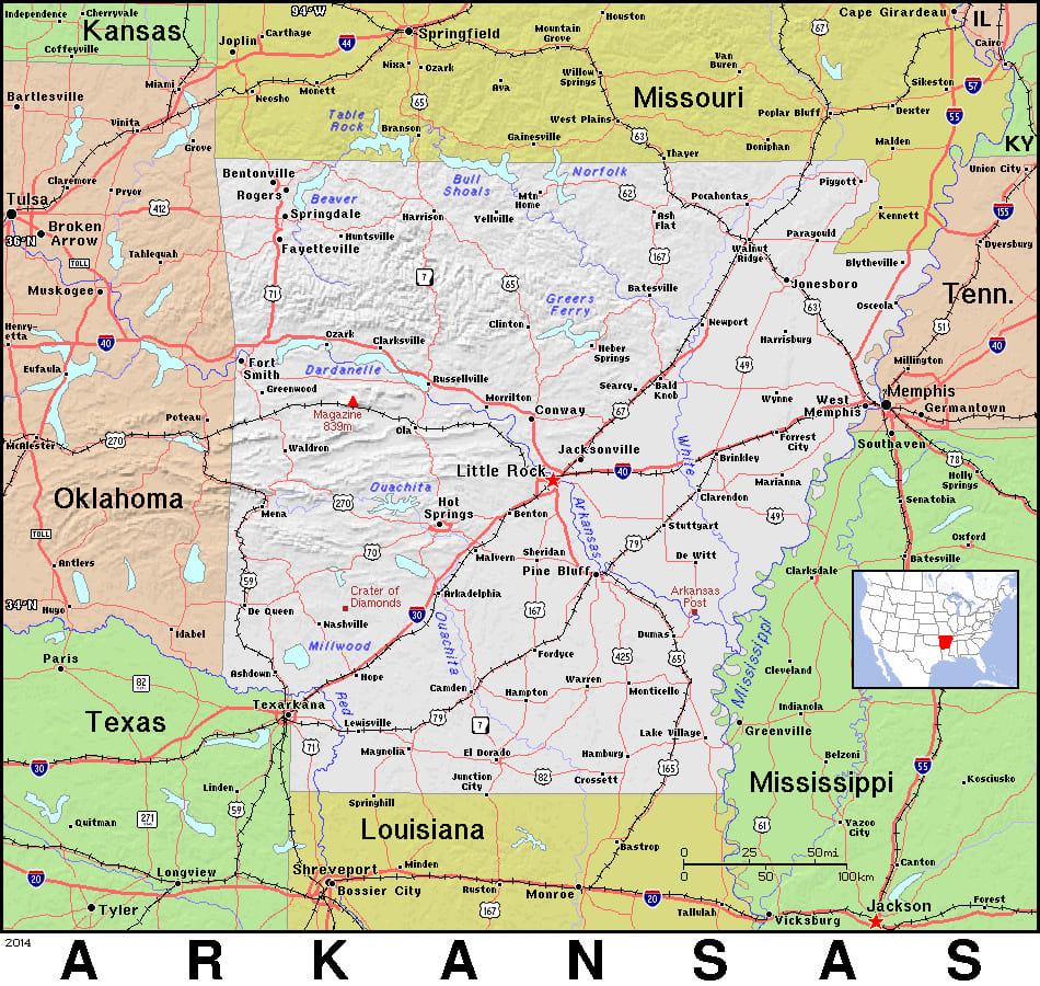 Comprehensive map of Arkansas highlighting cities, roads, and geographical features. - History By Mail