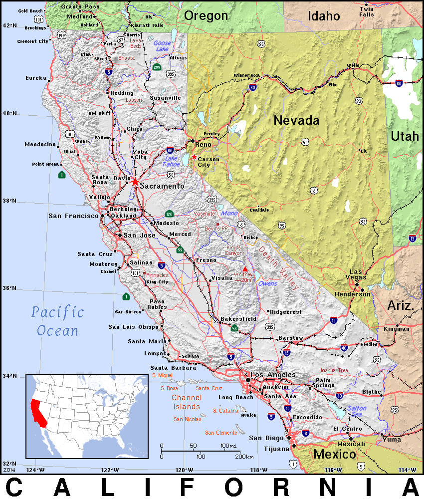 Comprehensive map of California highlighting cities, roads, and geographical features. - History By Mail