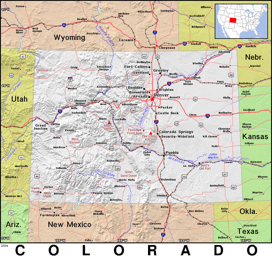 Comprehensive map of Colorado highlighting cities, roads, and geographical features. - History By Mail