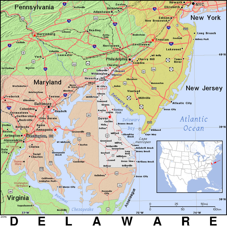 Comprehensive map of Delaware highlighting cities, roads, and geographical features. - History By Mail