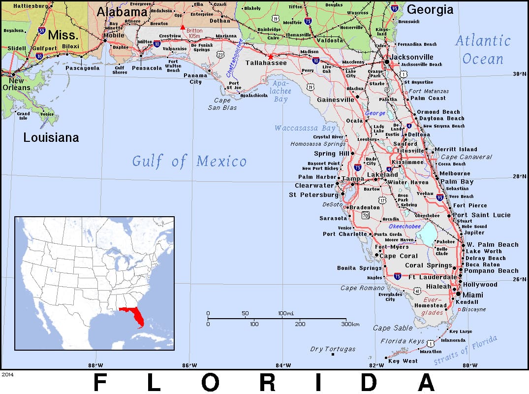 Comprehensive map of Florida highlighting cities, roads, and geographical features. - History By Mail