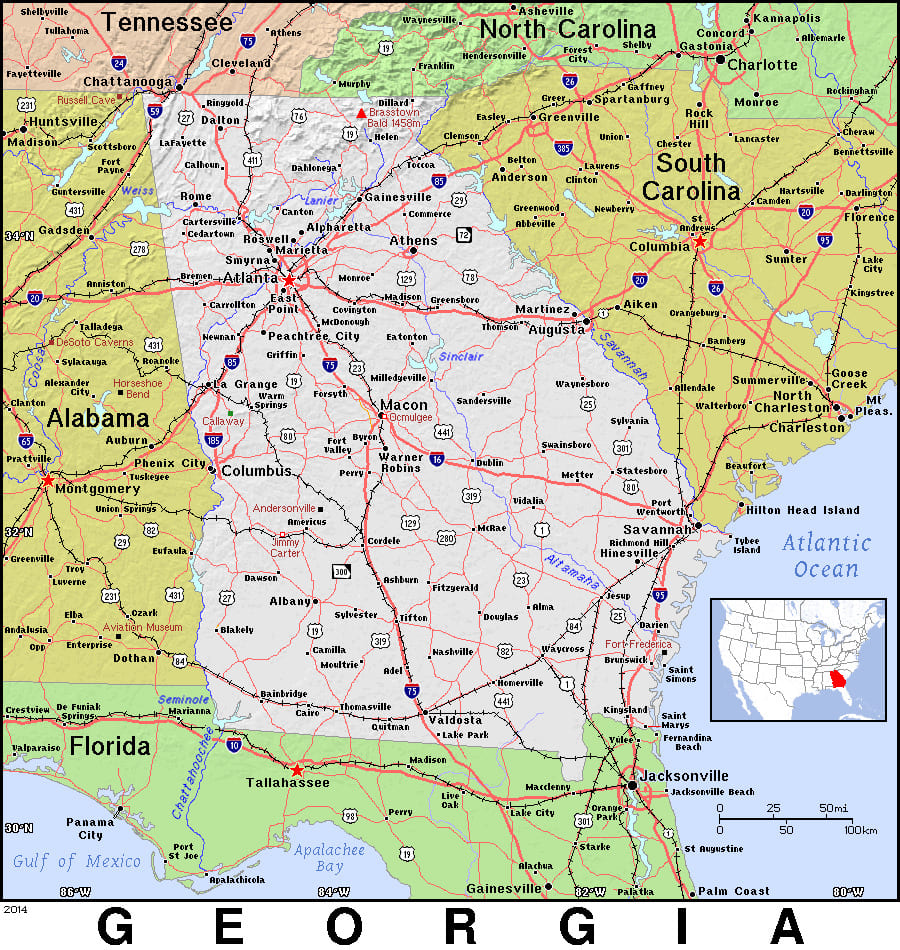 Comprehensive map of Georgia highlighting cities, roads, and geographical features. - History By Mail