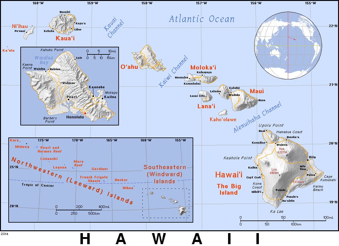 Comprehensive map of Hawaii highlighting cities, roads, and geographical features. - History By Mail