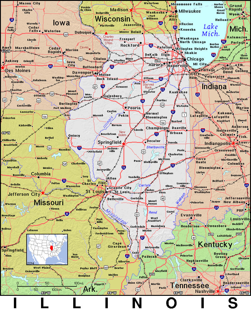 Comprehensive map of Illinois highlighting cities, roads, and geographical features. - History By Mail