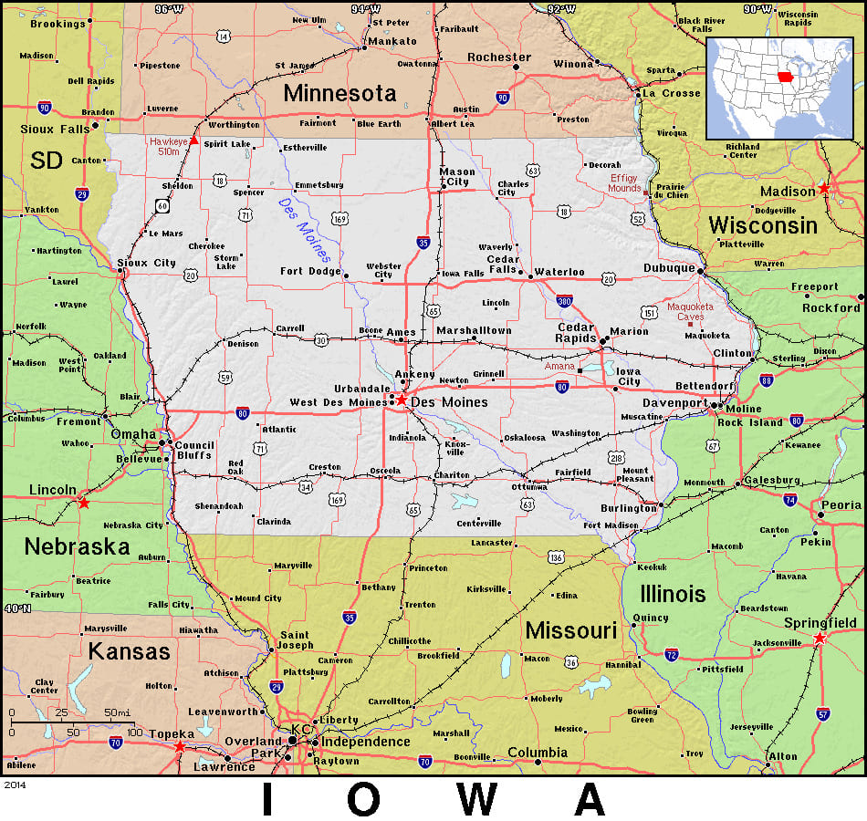 Comprehensive map of Iowa highlighting cities, roads, and geographical features. - History By Mail