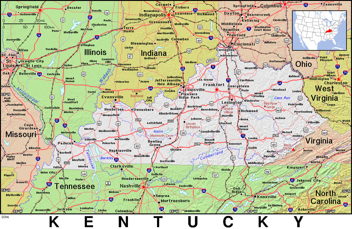 Comprehensive map of Kentucky highlighting cities, roads, and geographical features. - History By Mail