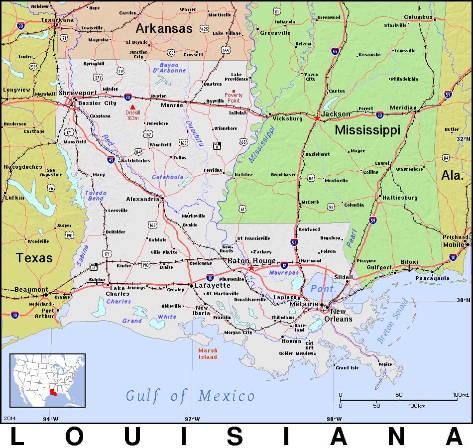 Comprehensive map of Louisiana highlighting cities, roads, and geographical features. - History By Mail