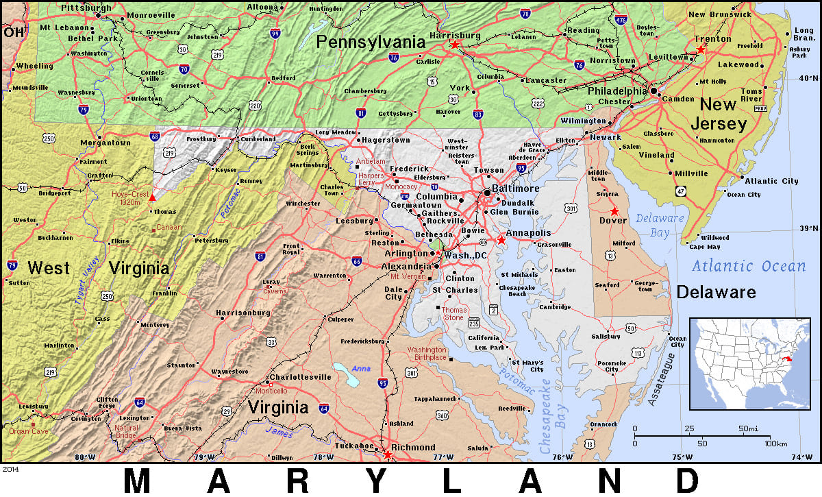 Comprehensive map of Maryland highlighting cities, roads, and geographical features. - History By Mail