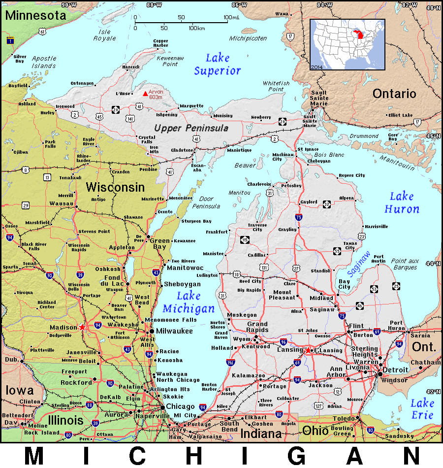 Comprehensive map of Michigan highlighting cities, roads, and geographical features. - History By Mail
