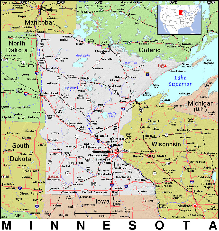 Comprehensive map of Minnesota highlighting cities, roads, and geographical features. - History By Mail