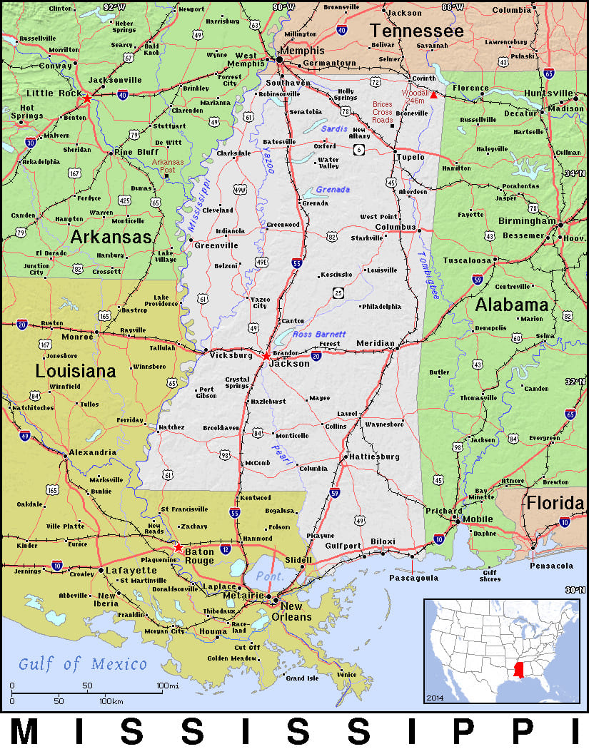 Comprehensive map of Mississippi highlighting cities, roads, and geographical features. - History By Mail
