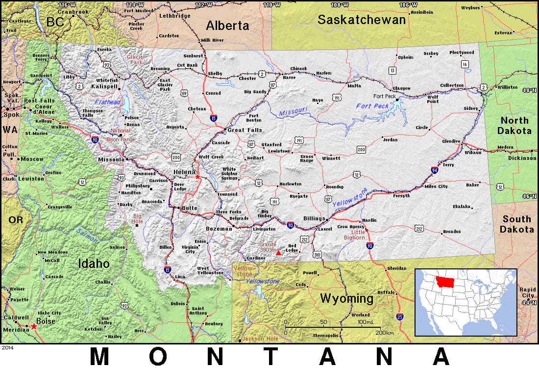 Comprehensive map of Montana highlighting cities, roads, and geographical features. - History By Mail