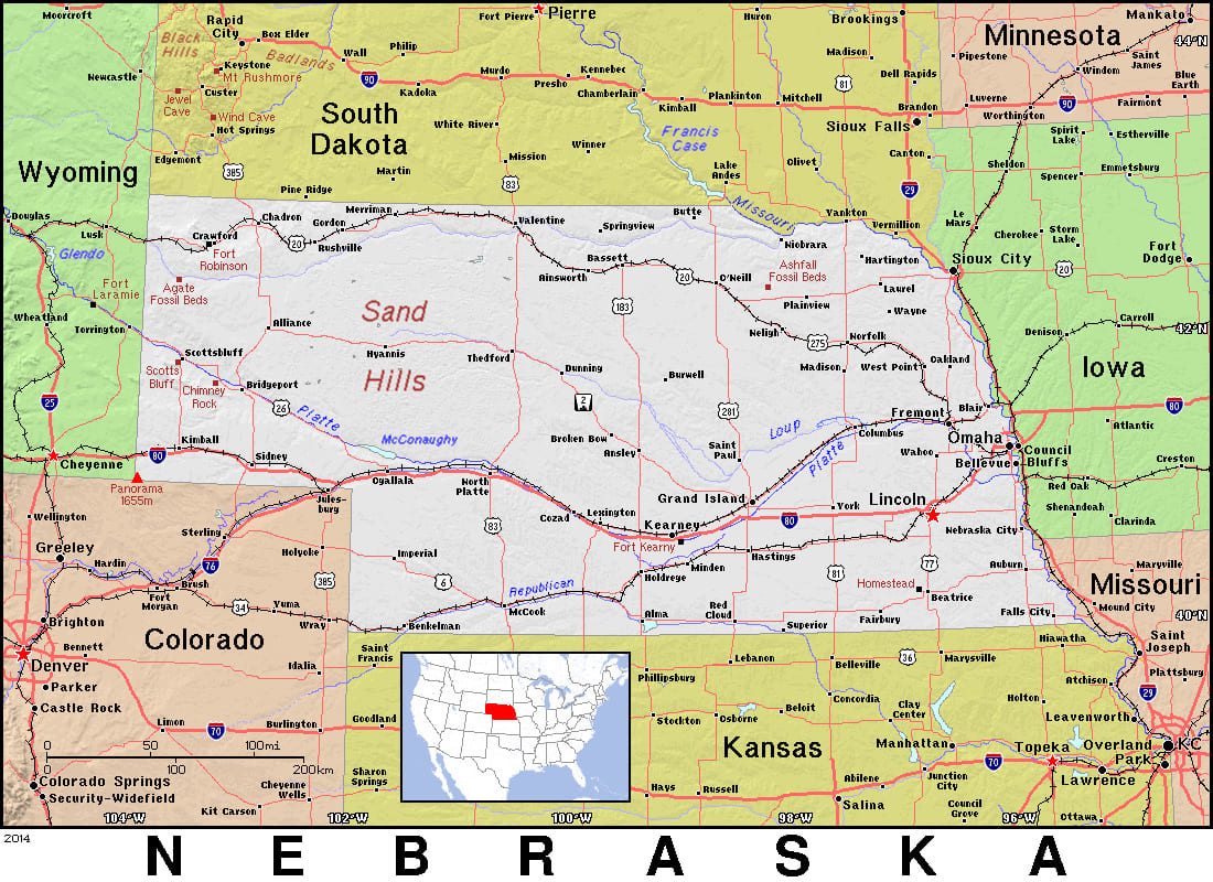 Comprehensive map of Nebraska highlighting cities, roads, and geographical features. - History By Mail