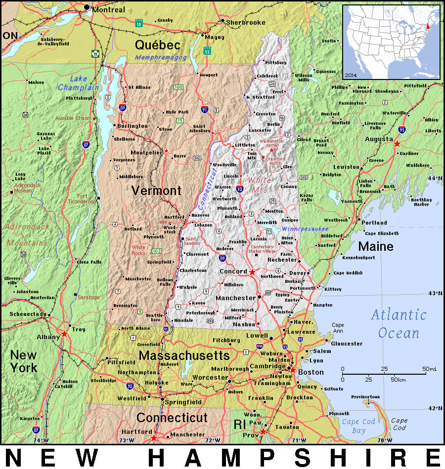 Comprehensive map of New Hampshire highlighting cities, roads, and geographical features. - History By Mail