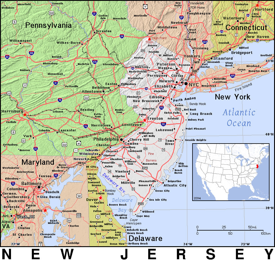 Comprehensive map of New Jersey highlighting cities, roads, and geographical features. - History By Mail
