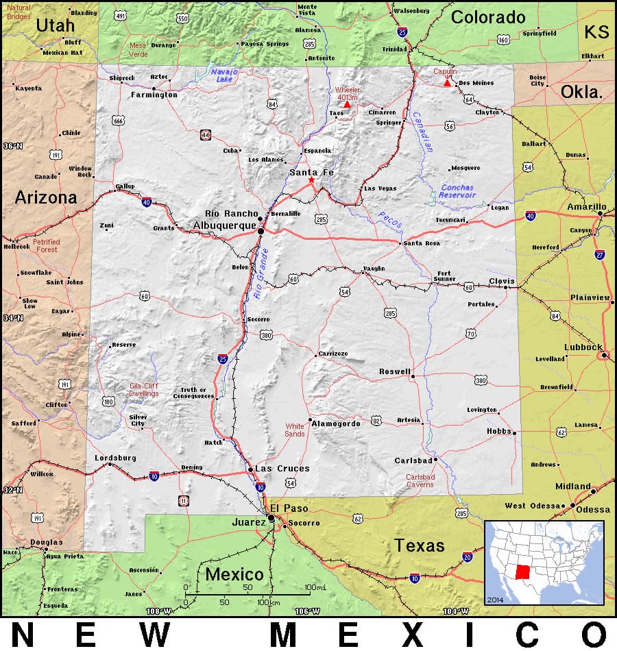 Comprehensive map of New Mexico highlighting cities, roads, and geographical features. - History By Mail