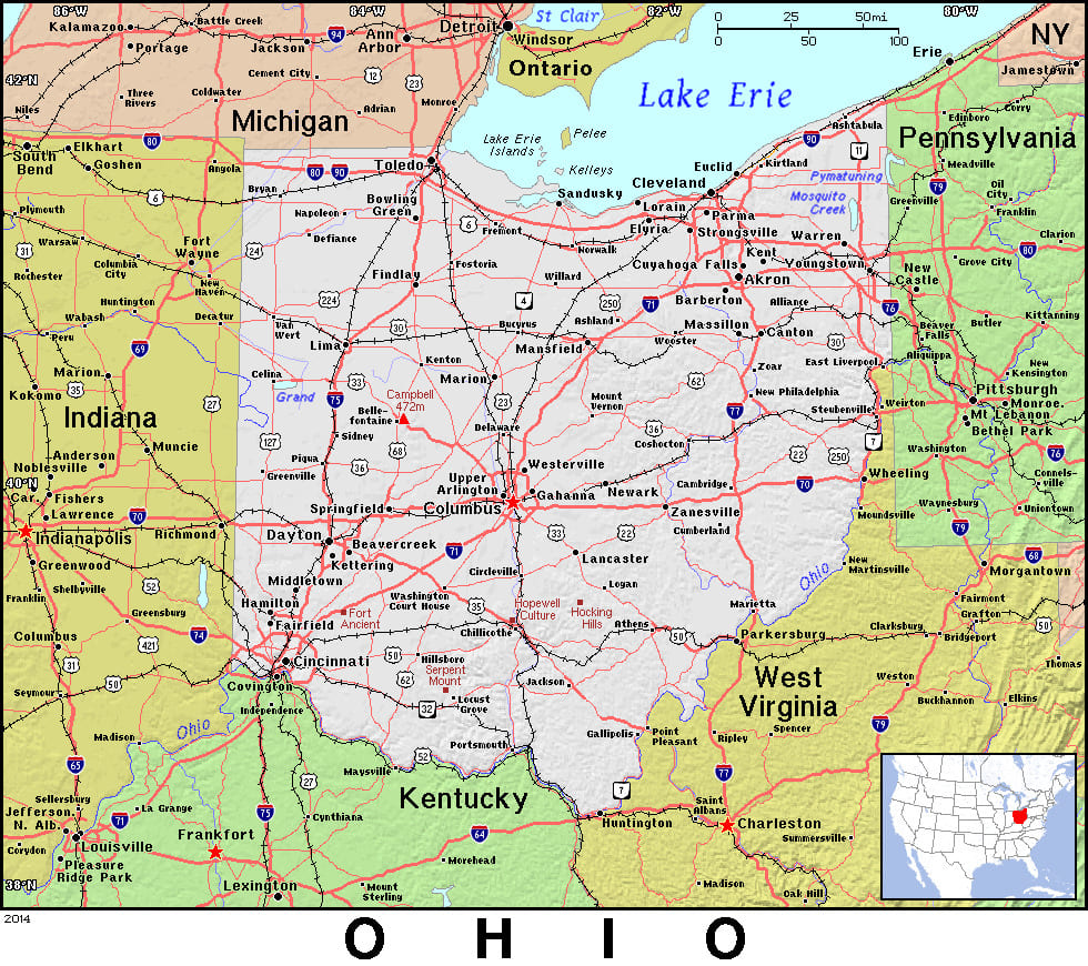 Comprehensive map of Ohio highlighting cities, roads, and geographical features. - History By Mail