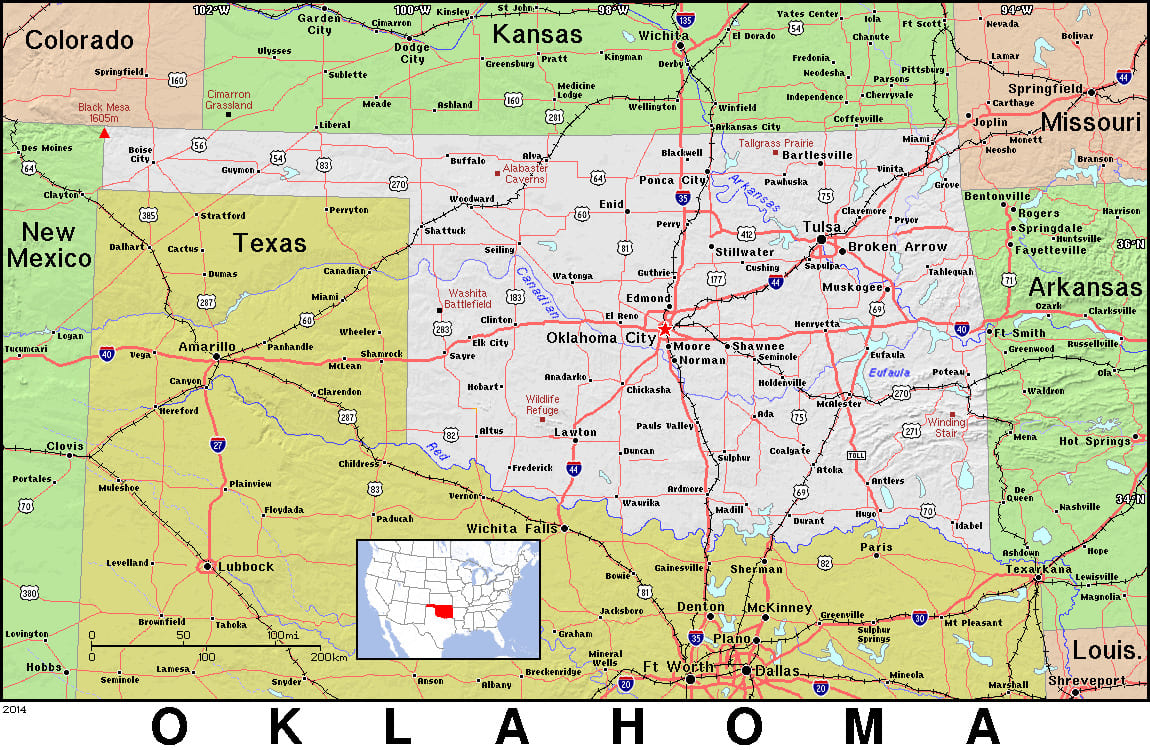 Comprehensive map of Oklahoma highlighting cities, roads, and geographical features. - History By Mail