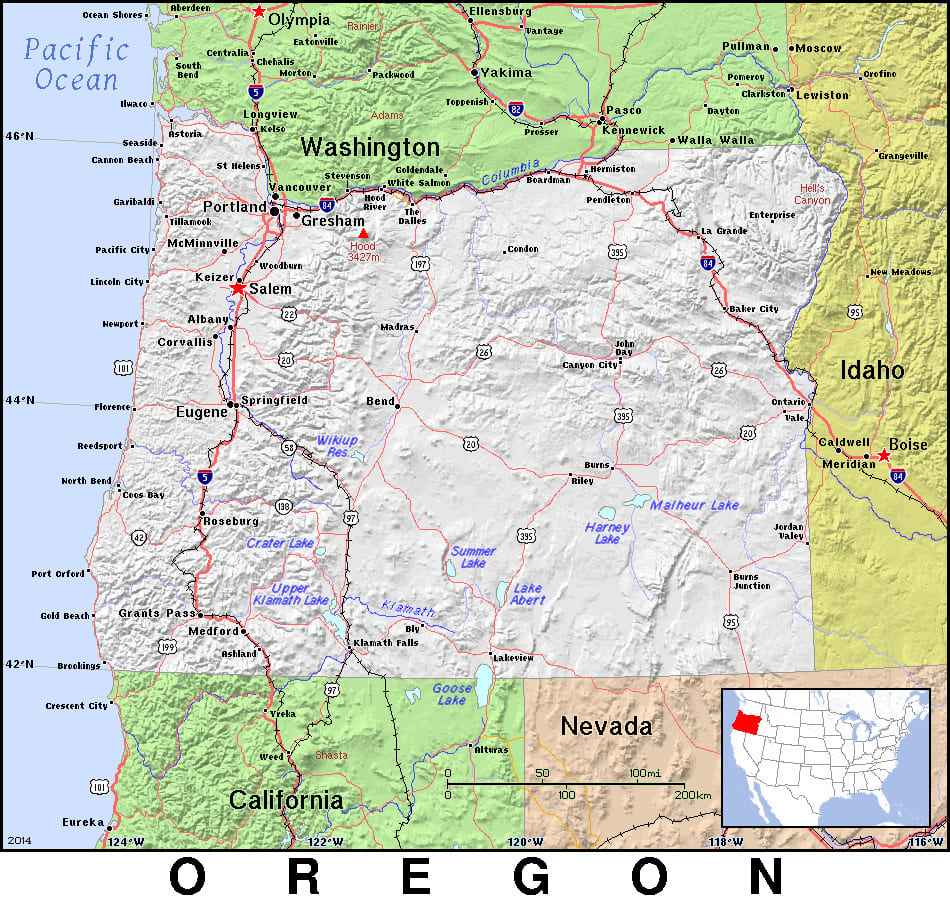 Comprehensive map of Oregon highlighting cities, roads, and geographical features. - History By Mail