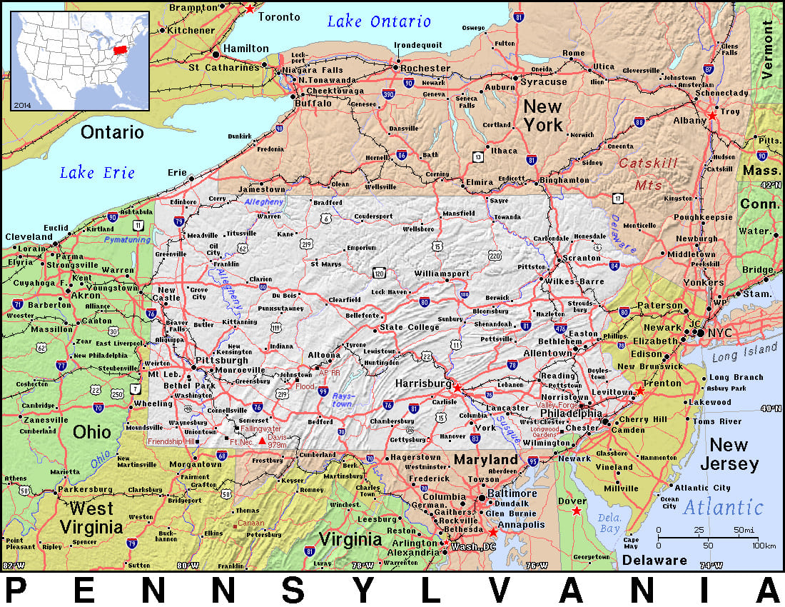 Comprehensive map of Pennsylvania highlighting cities, roads, and geographical features. - History By Mail