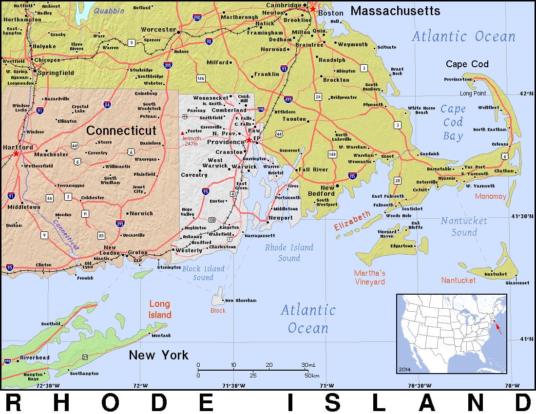 Comprehensive map of Rhode Island highlighting cities, roads, and geographical features. - History By Mail