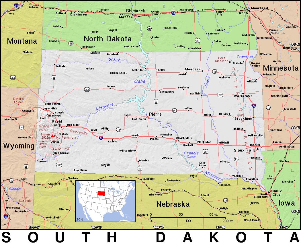Comprehensive map of South Dakota highlighting cities, roads, and geographical features. - History By Mail
